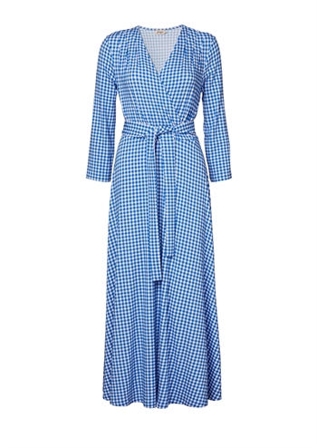 Elegant blå langærmet ternet kjole med v-hals effekt og bindebånd fra Jumperfabriken